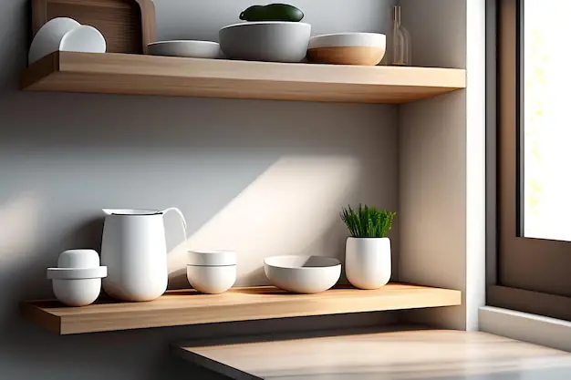 Minimalist kitchen design with open shelving and organized storage