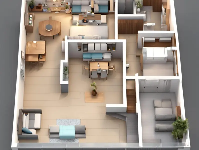 A detailed 3D floor plan of a Melbourne home, showcasing the layout, furniture placement, and interior design by Dreamline Decor.