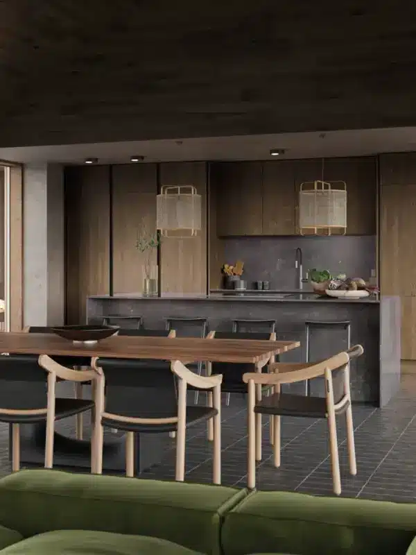 Seamless handleless kitchen cabinetry with integrated appliances