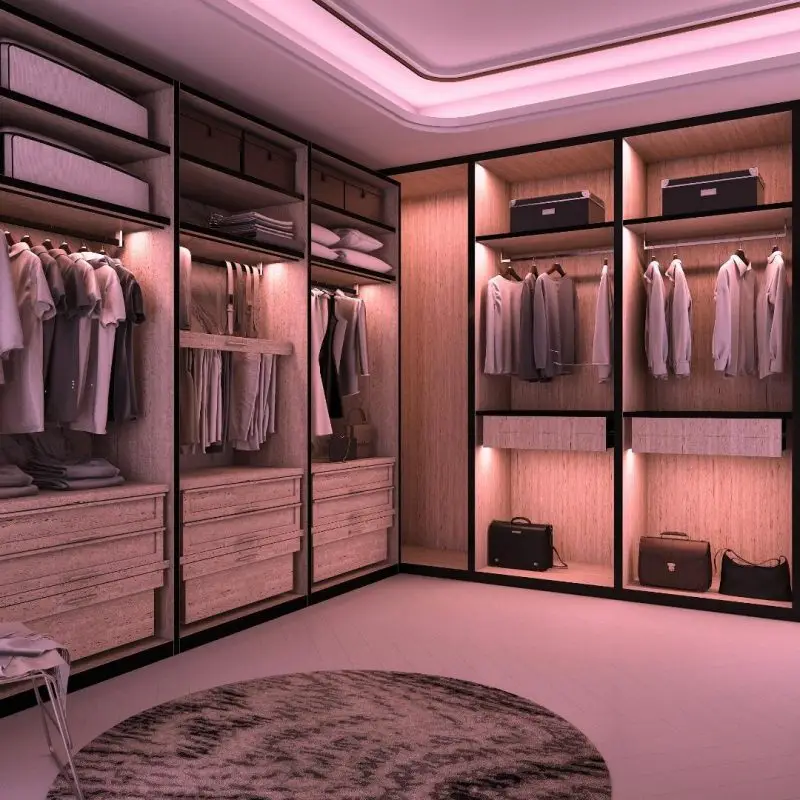 Spacious walk-in wardrobe with custom shelving and hanging rails