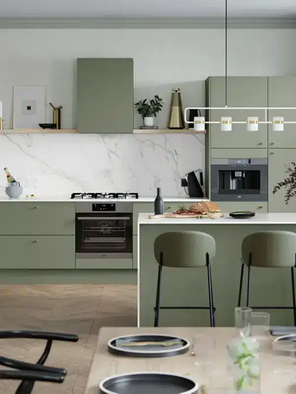 Sleek modern kitchen with flat-panel slab cabinetry in warm grey