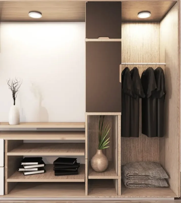 White sliding door wardrobe assembly with mirrored panels
