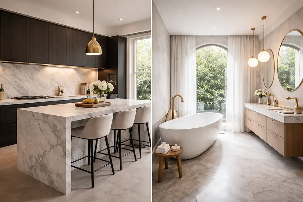 Comparison of modern kitchen and luxury bathroom renovation for ROI in Melbourne