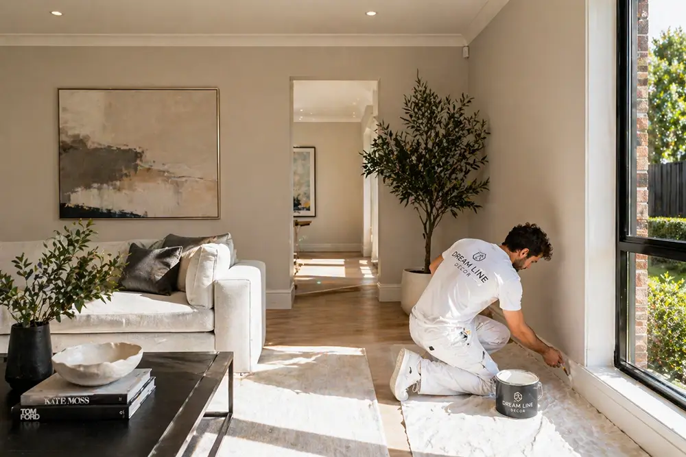 Professional painter applying trending 2026 interior paint colours in a Melbourne living room